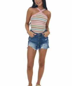 SugarFox Tops Desert Sand Striped Print Halter Neck Knit Top