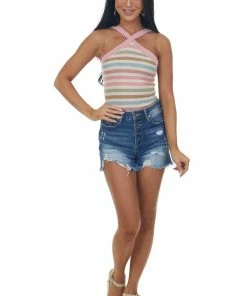 SugarFox Tops Desert Sand Striped Print Halter Neck Knit Top