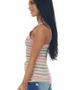 SugarFox Tops Desert Sand Striped Print Halter Neck Knit Top