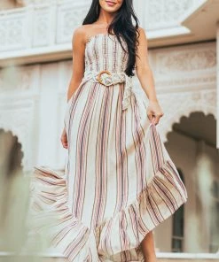 ANGIE Dresses Desert Sand Striped Strapless Midi Dress
