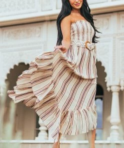 ANGIE Dresses Desert Sand Striped Strapless Midi Dress
