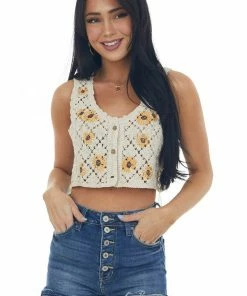 LE LIS Desert Sand Sunflower Crochet Cropped Tank Top
