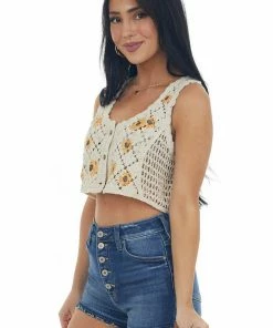 LE LIS Desert Sand Sunflower Crochet Cropped Tank Top