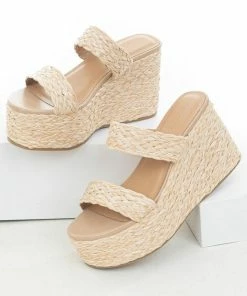 FORTUNE DYNAMIC Desert Sand Braided Straw Slip On Platform Wedges