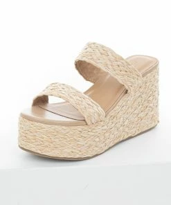 FORTUNE DYNAMIC Desert Sand Braided Straw Slip On Platform Wedges