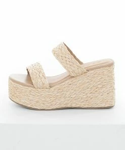 FORTUNE DYNAMIC Desert Sand Braided Straw Slip On Platform Wedges