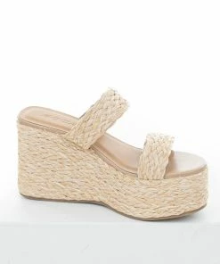 FORTUNE DYNAMIC Desert Sand Braided Straw Slip On Platform Wedges