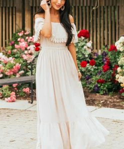 Ninexis Desert Sand Off Shoulder Lace Detail Maxi Dress Dresses
