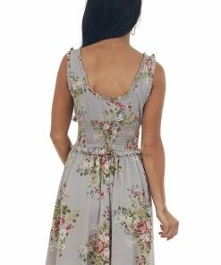 ANGIE Dove Grey Floral Scoop Neck Smocked Waist Dress