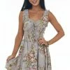 ANGIE Dove Grey Floral Scoop Neck Smocked Waist Dress