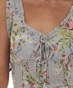 ANGIE Dove Grey Floral Scoop Neck Smocked Waist Dress