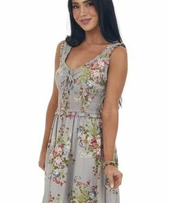 ANGIE Dove Grey Floral Scoop Neck Smocked Waist Dress