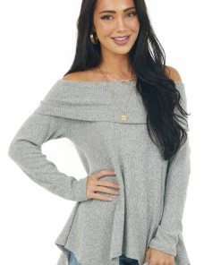 Kye Mi Dove Grey Folded Off The Shoulder Top With Shark Bite Hem Tops