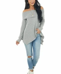 Kye Mi Dove Grey Folded Off The Shoulder Top With Shark Bite Hem Tops