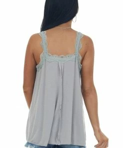 POL Clothing Dove Grey Square Neck Tank Top With Lace Trim Tops
