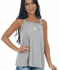 POL Clothing Dove Grey Square Neck Tank Top With Lace Trim Tops