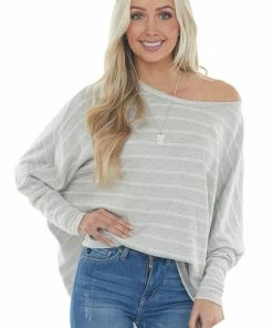 Andree Dove Grey Striped Two Toned Ribbed Knit Top Tops