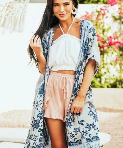 ANGIE Dove Grey Printed Open Front Woven Kimono