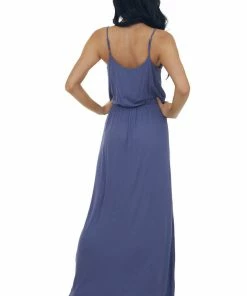 Lush Clothing Dresses Dusty Blue Blouson Stretchy Knit Sleeveless Maxi Dress