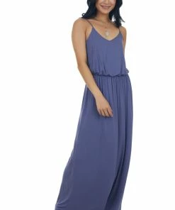 Lush Clothing Dresses Dusty Blue Blouson Stretchy Knit Sleeveless Maxi Dress