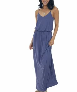 Lush Clothing Dresses Dusty Blue Blouson Stretchy Knit Sleeveless Maxi Dress