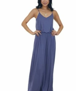Lush Clothing Dresses Dusty Blue Blouson Stretchy Knit Sleeveless Maxi Dress
