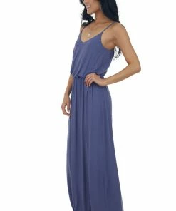 Lush Clothing Dresses Dusty Blue Blouson Stretchy Knit Sleeveless Maxi Dress