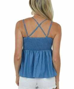 Main Strip Dusty Blue Chambray Tank Top Blouse With Crochet Lace Detail 12 Main Strip Dusty Blue Chambray Tank Top Blouse With Crochet Lace Detail