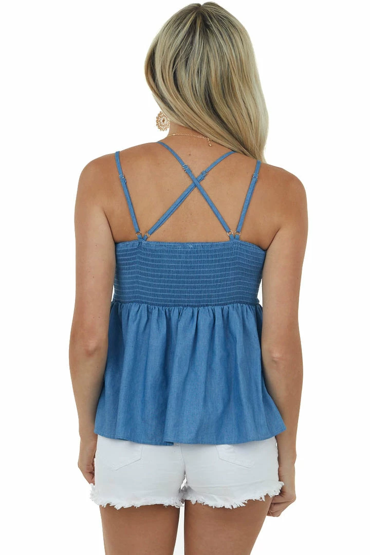 Main Strip Dusty Blue Chambray Tank Top Blouse With Crochet Lace Detail 7 Main Strip Dusty Blue Chambray Tank Top Blouse With Crochet Lace Detail