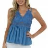 Main Strip Dusty Blue Chambray Tank Top Blouse With Crochet Lace Detail