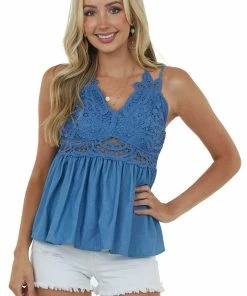Main Strip Dusty Blue Chambray Tank Top Blouse With Crochet Lace Detail