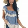 Haptics Tops Dusty Blue Colorblock Floral Ruffle Blouse