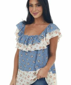 Haptics Tops Dusty Blue Colorblock Floral Ruffle Blouse 11 Haptics Tops Dusty Blue Colorblock Floral Ruffle Blouse