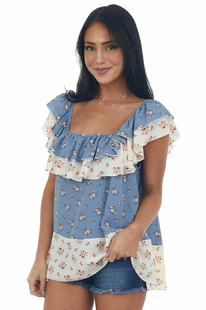 Haptics Tops Dusty Blue Colorblock Floral Ruffle Blouse 6 Haptics Tops Dusty Blue Colorblock Floral Ruffle Blouse