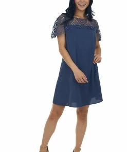 BiBi Dusty Blue Crochet Lace Yoke Woven Shift Dress Dresses