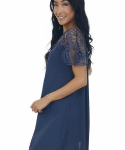 BiBi Dusty Blue Crochet Lace Yoke Woven Shift Dress Dresses