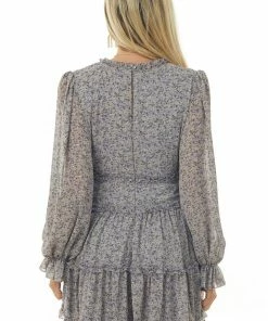 She + Sky Dusty Blue Ditsy Floral Bubble Sleeve Dress Dresses