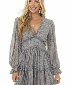 She + Sky Dusty Blue Ditsy Floral Bubble Sleeve Dress Dresses