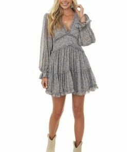 She + Sky Dusty Blue Ditsy Floral Bubble Sleeve Dress Dresses