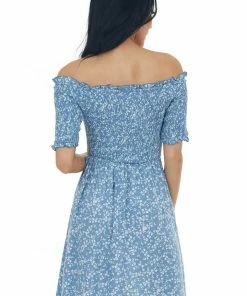 Cozy Co. Dresses Dusty Blue Ditsy Floral Smocked Bodice Dress
