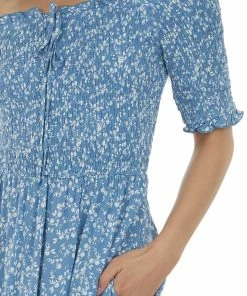Cozy Co. Dresses Dusty Blue Ditsy Floral Smocked Bodice Dress