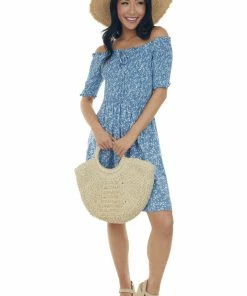 Cozy Co. Dresses Dusty Blue Ditsy Floral Smocked Bodice Dress