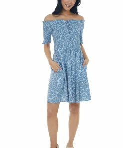 Cozy Co. Dresses Dusty Blue Ditsy Floral Smocked Bodice Dress