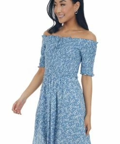 Cozy Co. Dresses Dusty Blue Ditsy Floral Smocked Bodice Dress