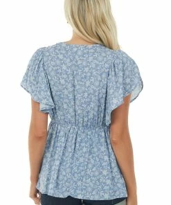 SugarFox Dusty Blue Floral Button Up Babydoll V Neck Top Tops