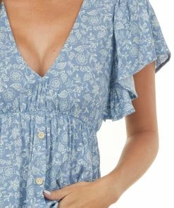 SugarFox Dusty Blue Floral Button Up Babydoll V Neck Top Tops