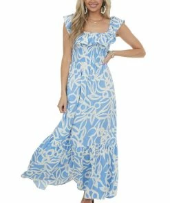Lush Clothing Dusty Blue Floral Open Back Smocked Maxi Dress