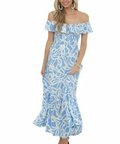 Lush Clothing Dusty Blue Floral Open Back Smocked Maxi Dress