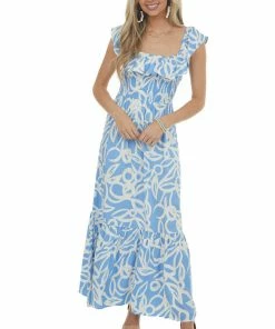 Lush Clothing Dusty Blue Floral Open Back Smocked Maxi Dress