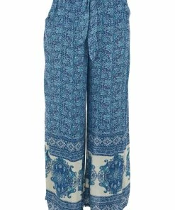 ANGIE Dusty Blue Floral Print Waist Tie Wide Leg Pants Bottoms